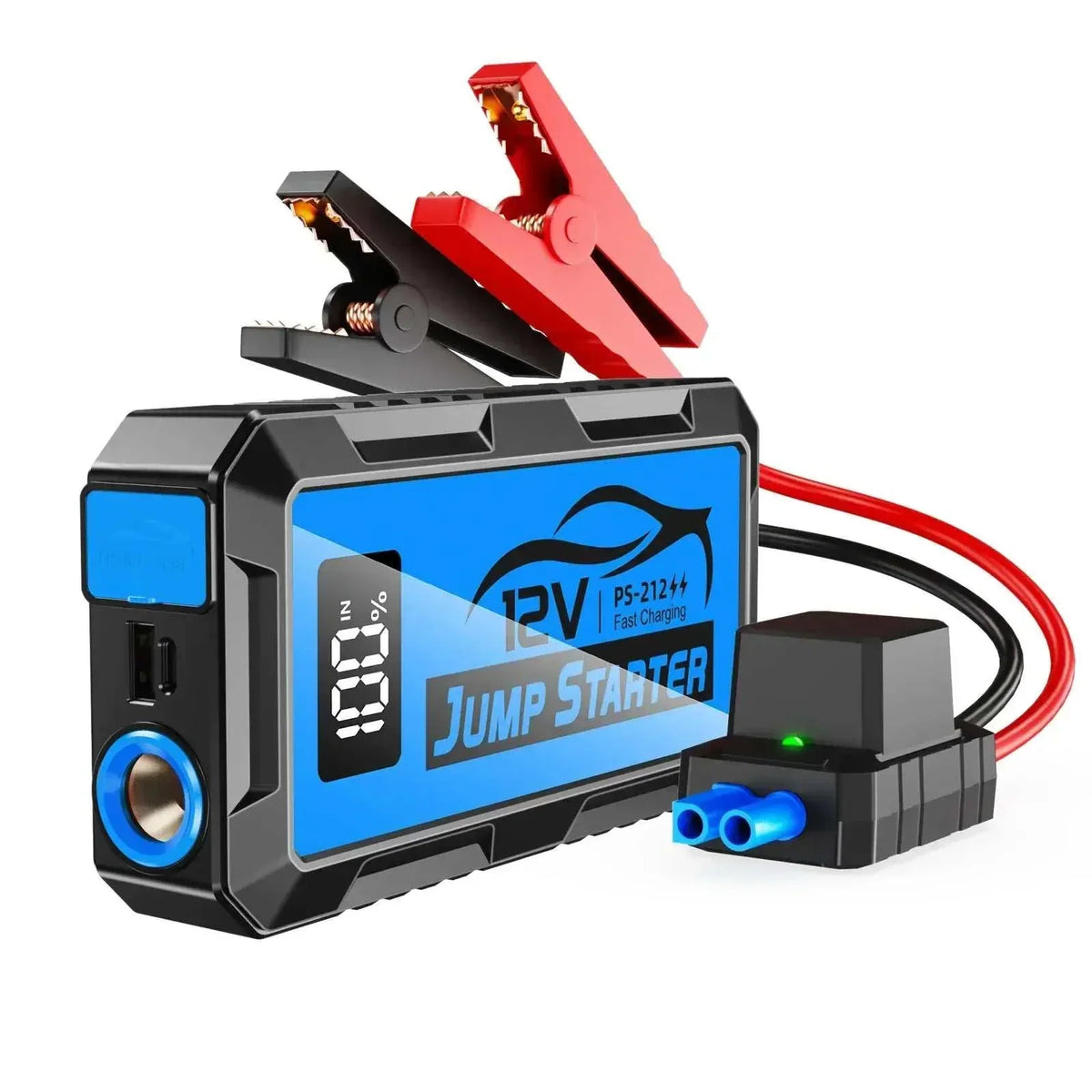 Car jump starter with a black rugged casing, blue digital display, USB ports, red and black jumper clamps and cables