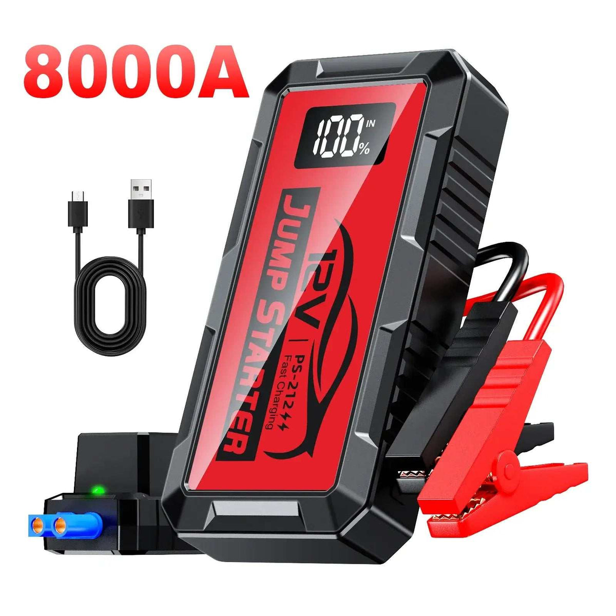 12000amp 10000a 8000a 4000a car jump starter with a black and red casing, digital display, USB cable and clamps