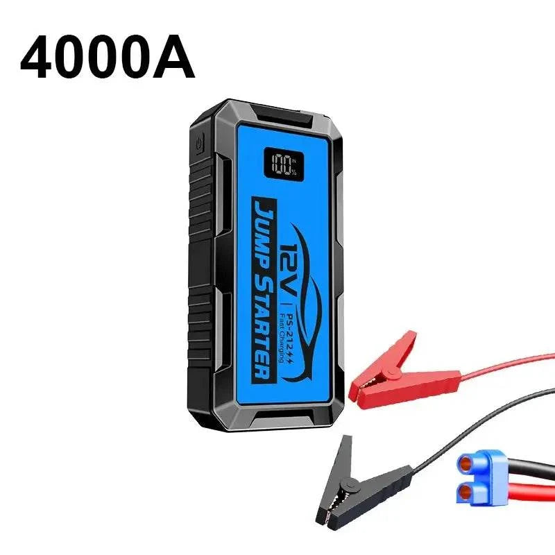 Car jump starter with a blue and black rugged rectangular body, digital display, and red and black battery clamps
