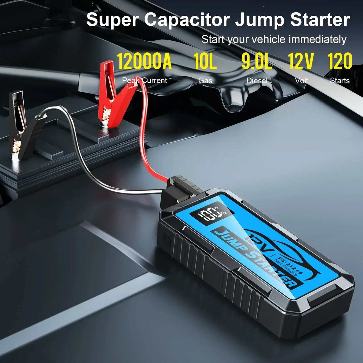12000amp 10000a 8000a 4000a car jump starter, black and blue rugged casing with digital screen and red and black clamps