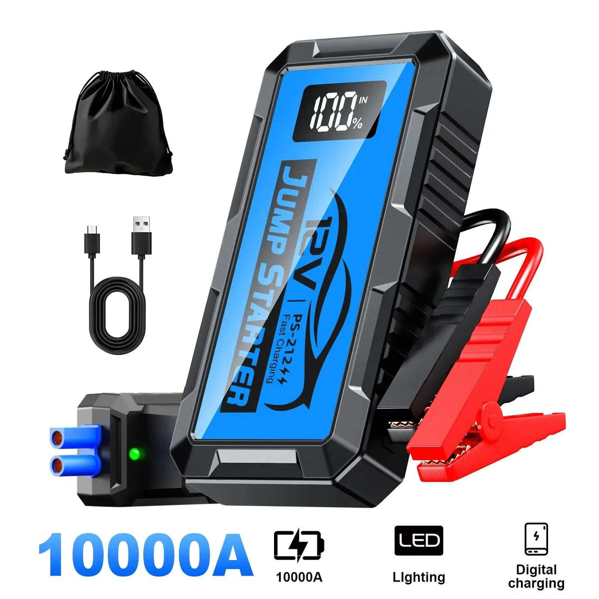 Car jump starter with blue digital display, black casing, red and black booster clamps, cables and storage pouch; 12000amp 10000a 8000a 4000a