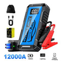 Car jump starter power bank with 12000amp 10000a 8000a 4000a label, black casing, blue digital display and red clamps