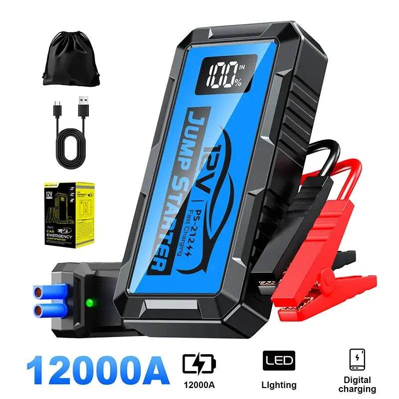 Car jump starter power bank with 12000amp 10000a 8000a 4000a label, black casing, blue digital display and red clamps