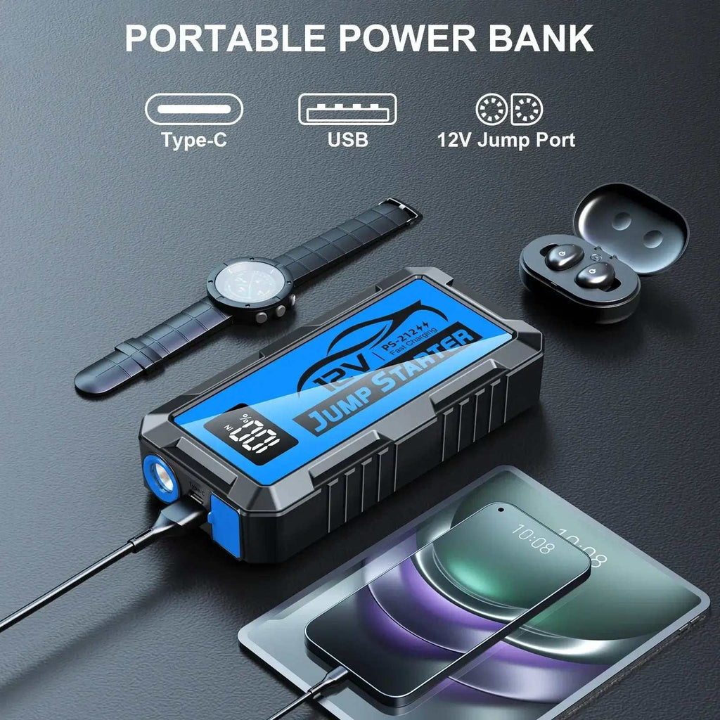 12000amp 10000a 8000a 4000a portable power bank and jump starter with a black case, blue display, Type-C and USB ports