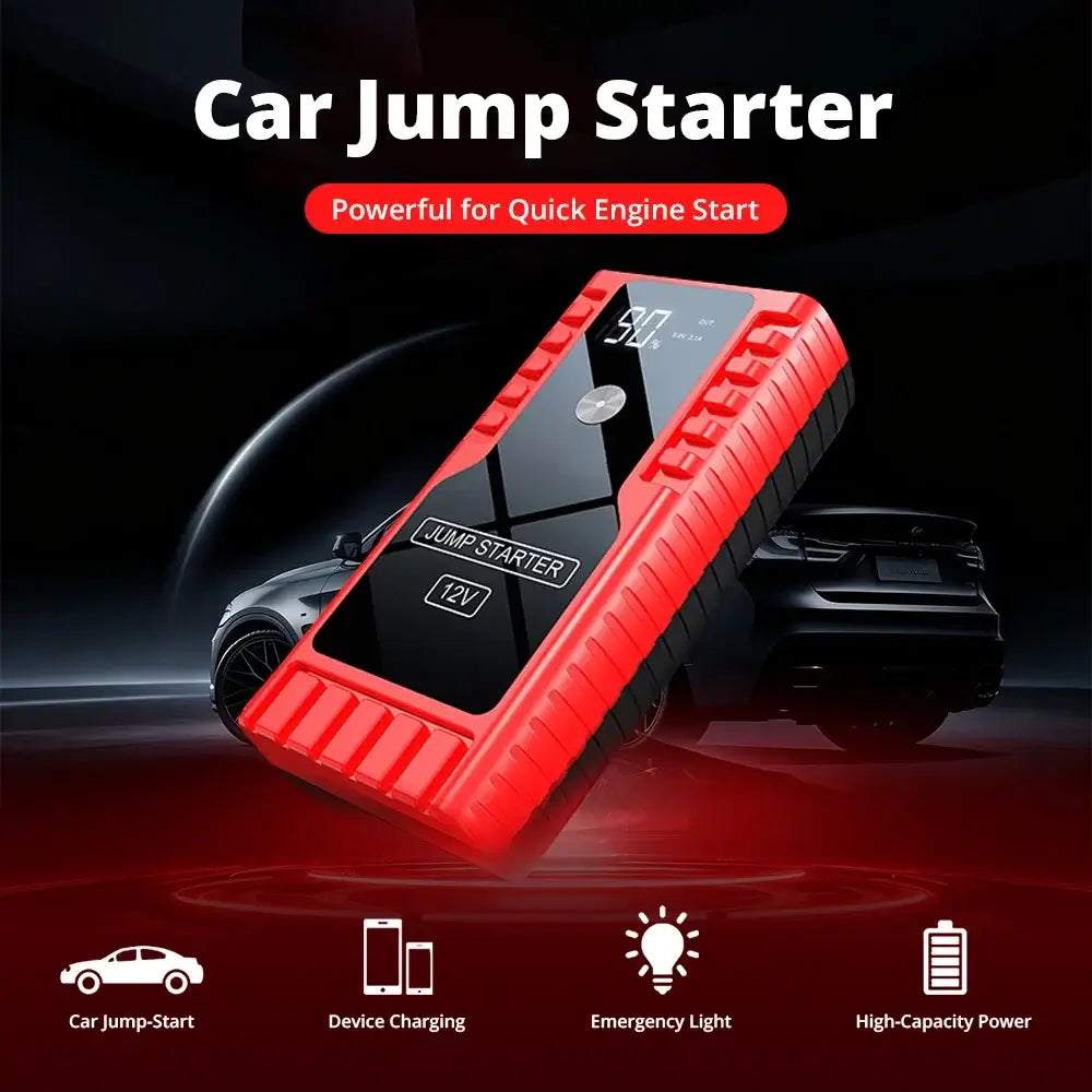 12V Car Jump Start battery booster in a bright red and black rugged case, with a digital display and power button