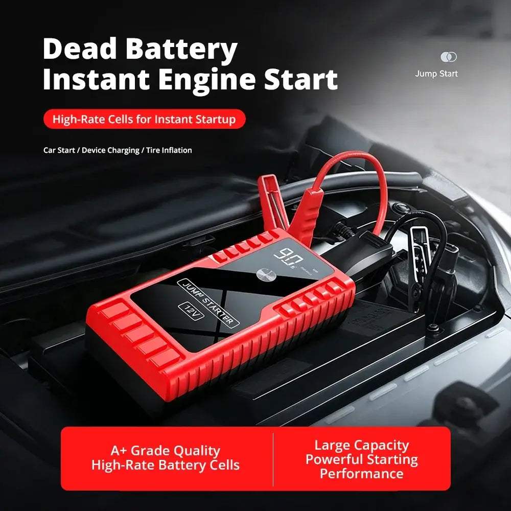12V Car Jump Start booster in a red and black rugged casing, connected to a car battery with red and black clamps