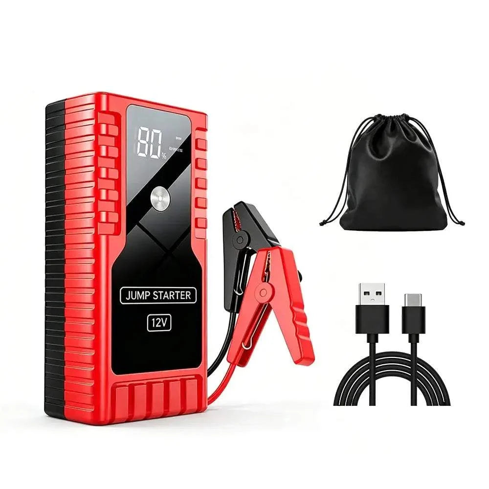 12V Car Jump Start portable booster in red and black with digital display, battery clamps, drawstring pouch and USB cable