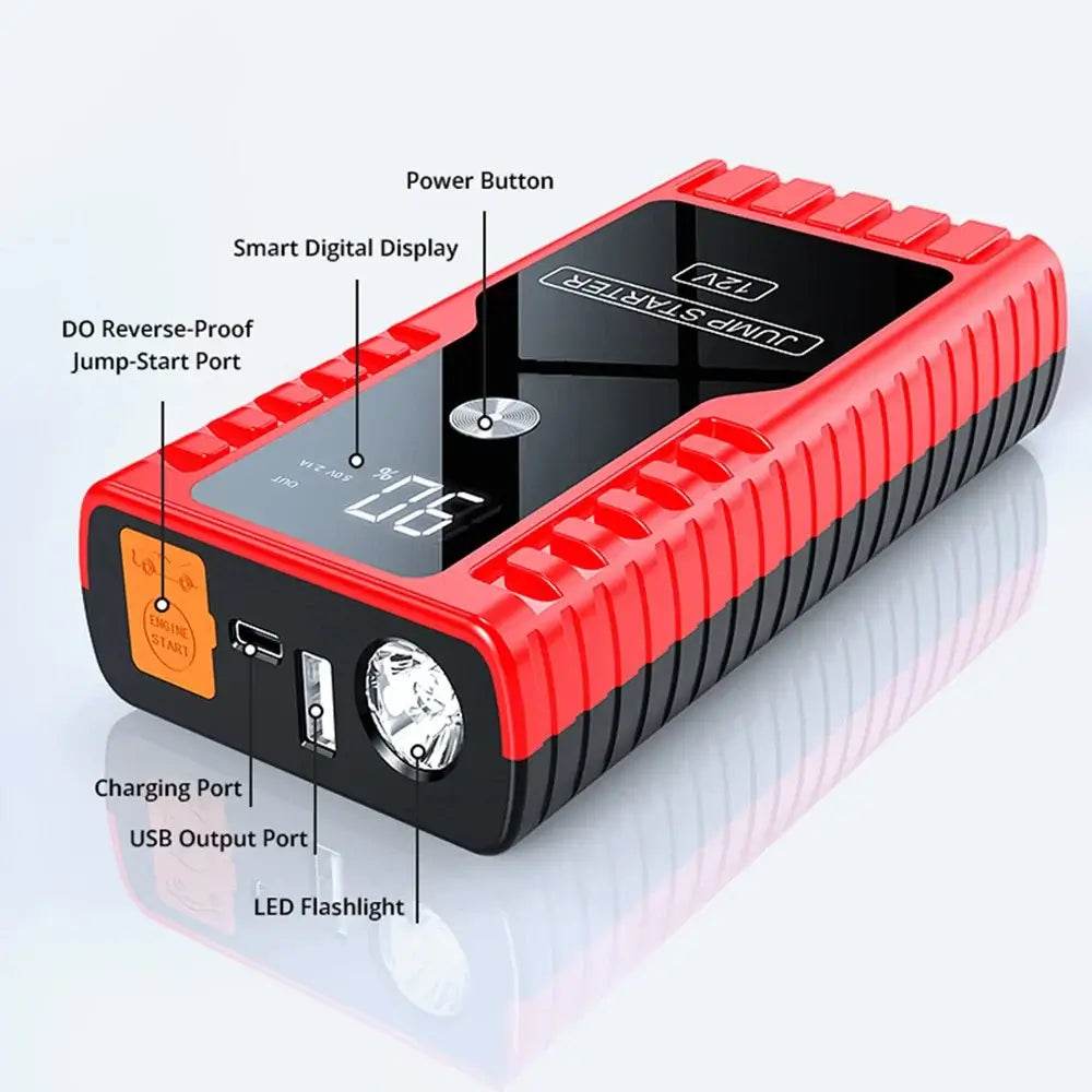 12V Car Jump Start booster in red and black ribbed plastic, with digital display, charging and USB ports, LED flashlight, and power button.