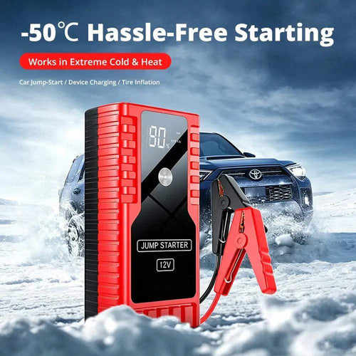 12V Car Jump Start in a red and black ribbed case with a digital display, red battery clamp and connected cable
