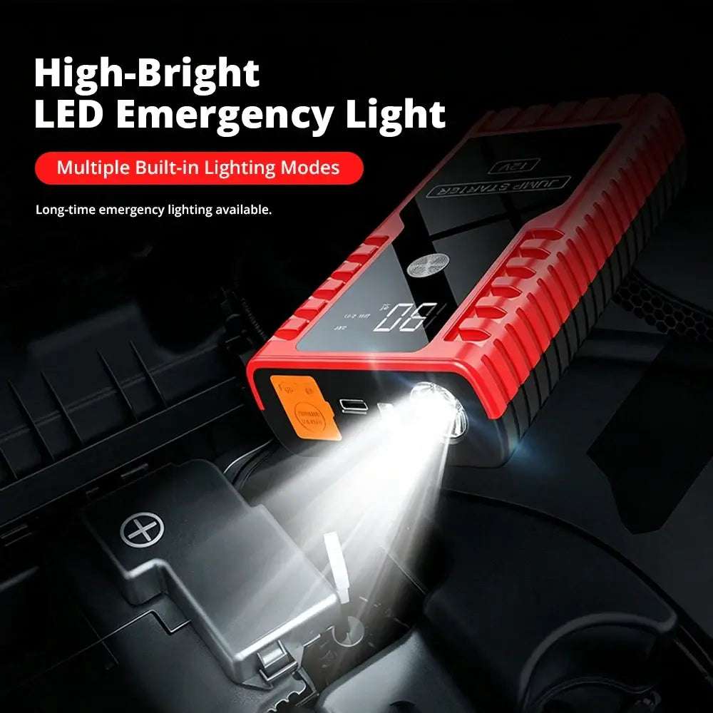 12V Car Jump Start portable battery booster in red and black plastic, with a bright built-in LED emergency flashlight