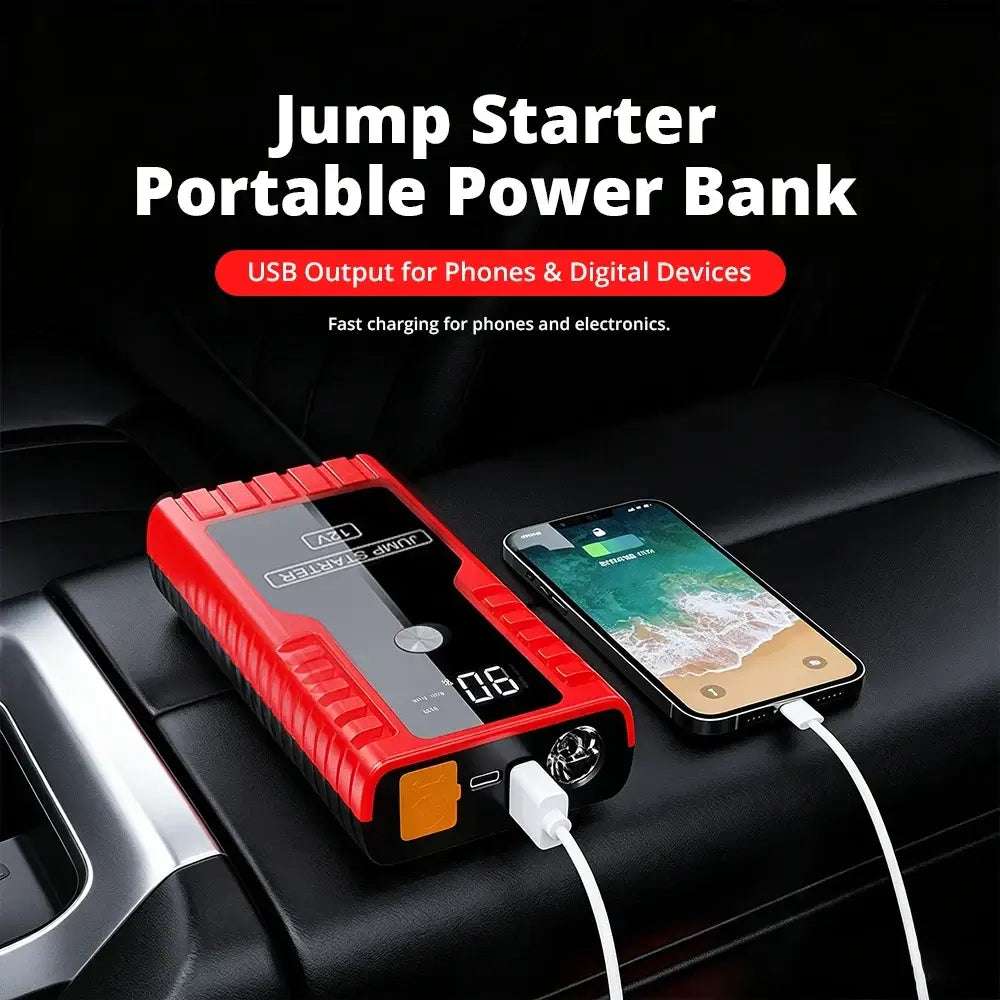 12V Car Jump Start portable power bank with a red and black ridged casing, digital display, flashlight and USB charging cable
