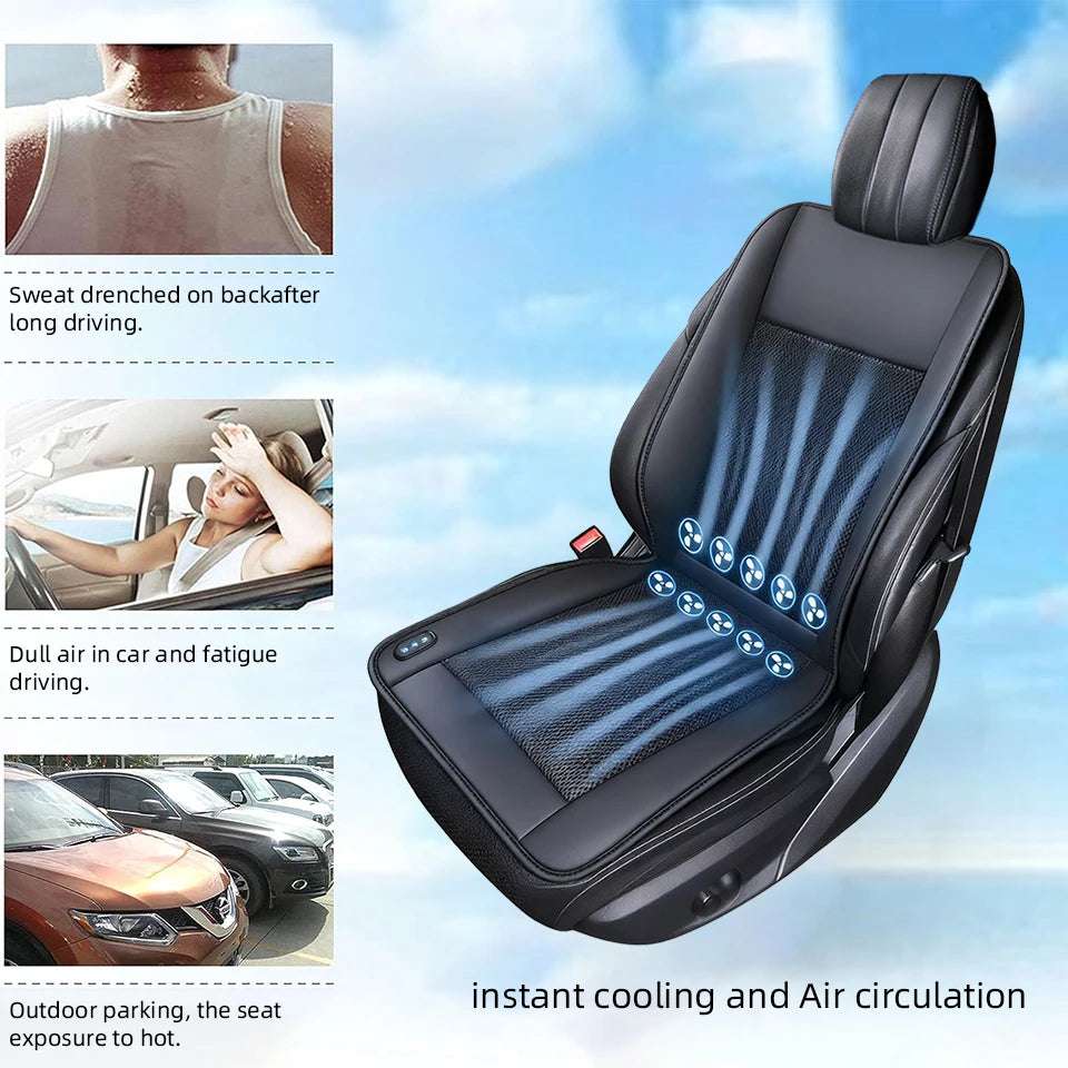 12V Summer Cooling car seat cushion in black faux leather with ribbed panels, mesh center and airflow fan indicators