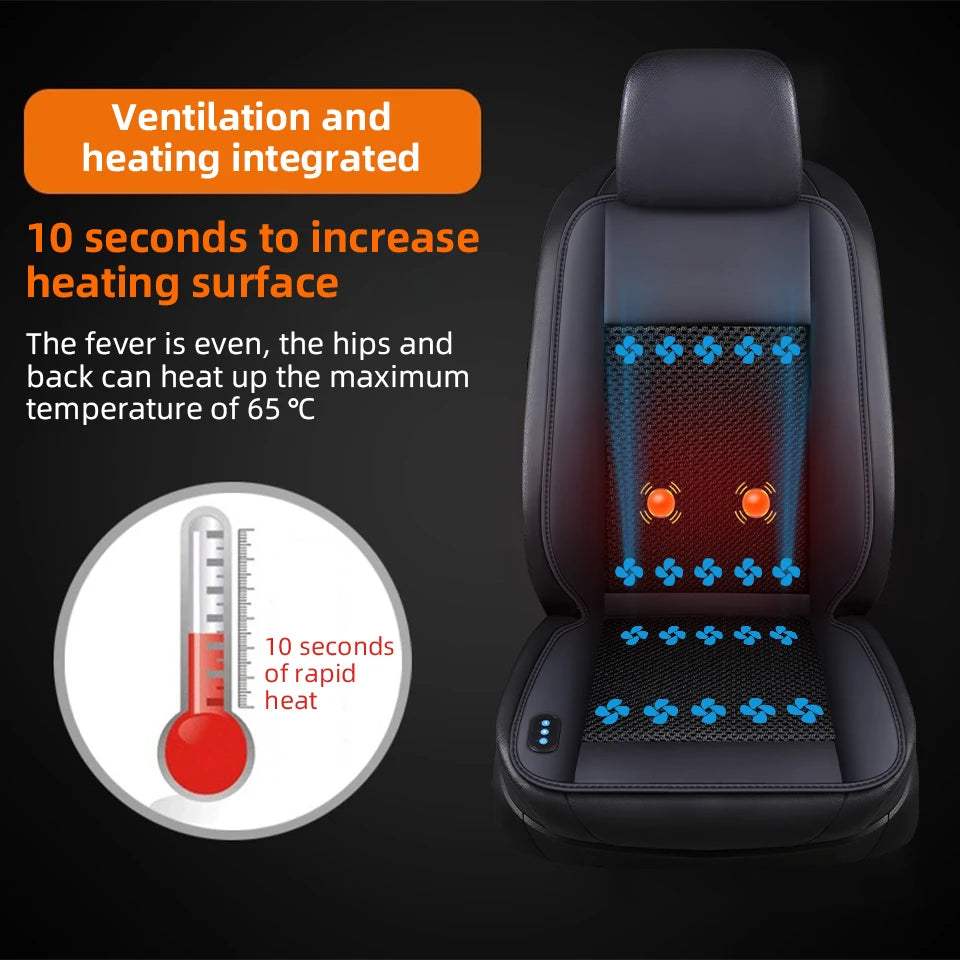 12V Summer Cooling car seat cushion in black faux leather with blue airflow fans and orange heating elements