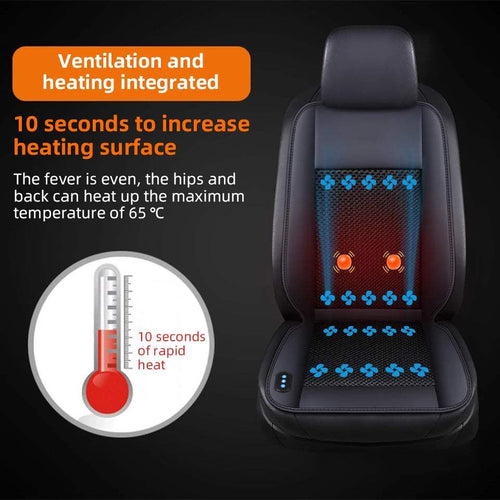 12V Summer Cooling car seat cushion in black faux leather with blue airflow fans and orange heating elements