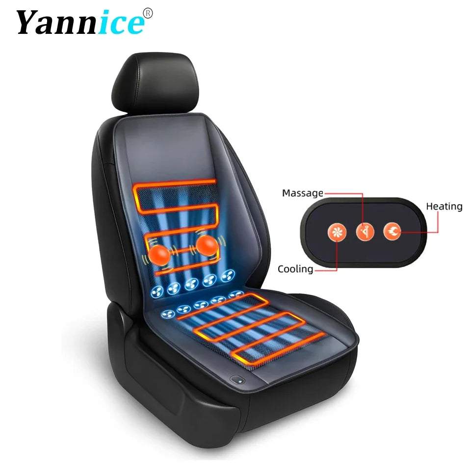 12V Summer Cooling car seat cushion in black with a padded synthetic leather cover and orange heating lines, plus massage and cooling controls