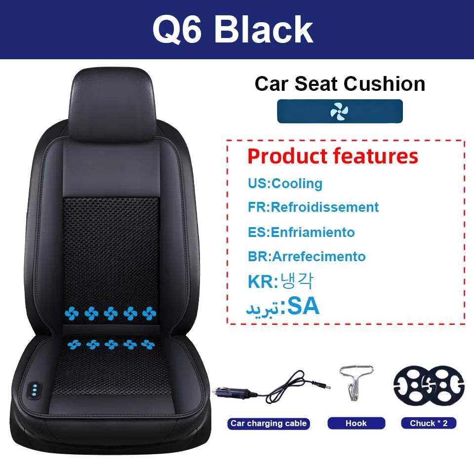 12V Summer Cooling car seat cushion in black with padded synthetic leather sides, mesh center panel, blue fan icons and cable