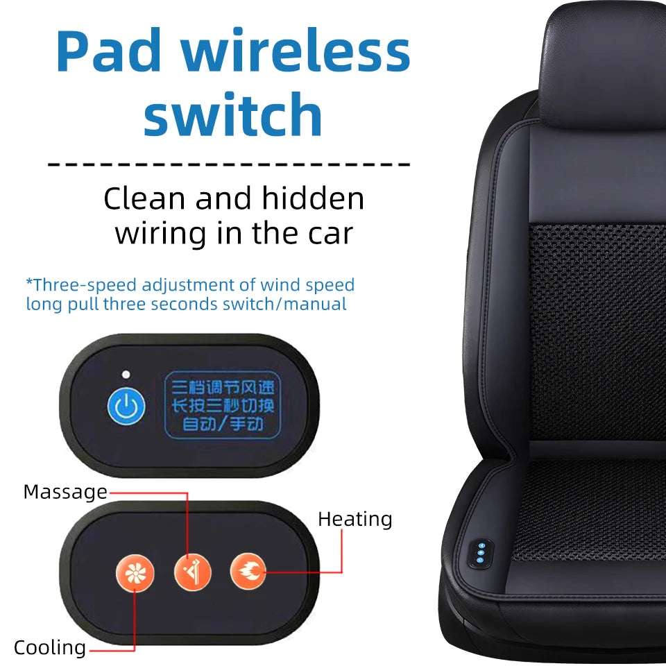 12V Summer Cooling car seat cushion in black mesh with padded synthetic trim and a built-in wireless switch for cooling, heating, and massage