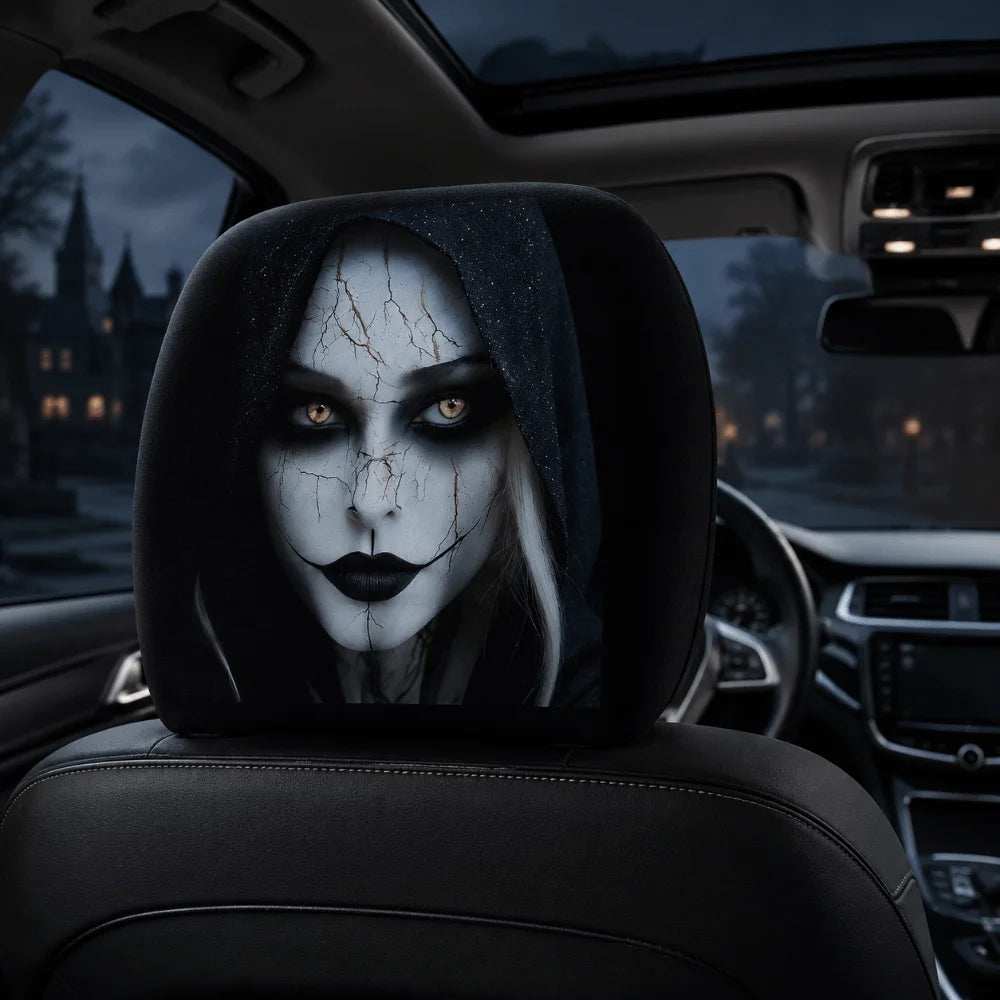 2 Pcs 2D Stretch black elastic car headrest cover featuring a white cracked-face ghost with dark eyes and lips
