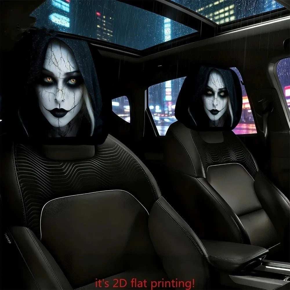 2 Pcs 2D Stretch car headrest covers in black with white ghost faces, dark hood outlines and flat printed details