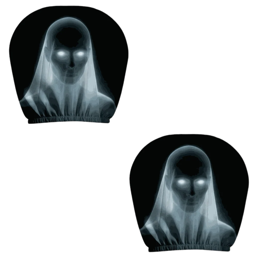 2 Pcs 2D Stretch car headrest covers in black and gray, printed with a spooky ghost face and elastic hems