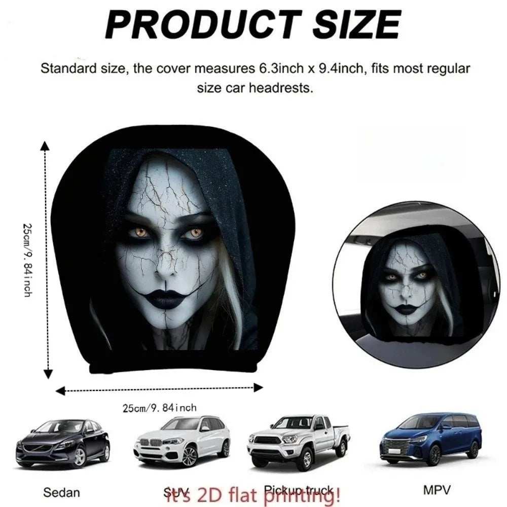 2 Pcs 2D Stretch black elastic car headrest cover featuring a pale cracked-face ghost portrait with dark eyes and lips