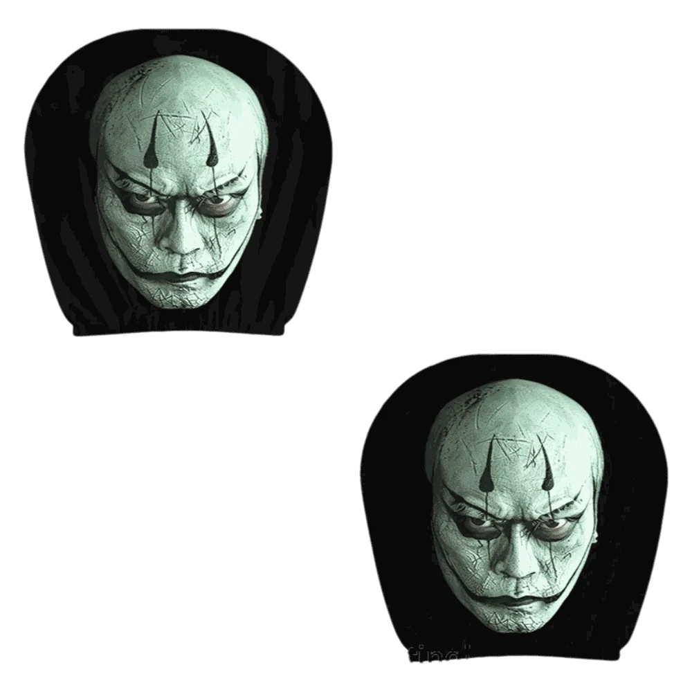 2 Pcs 2D Stretch car headrest covers in black fabric, printed with eerie pale ghost faces and dark hooded edges.