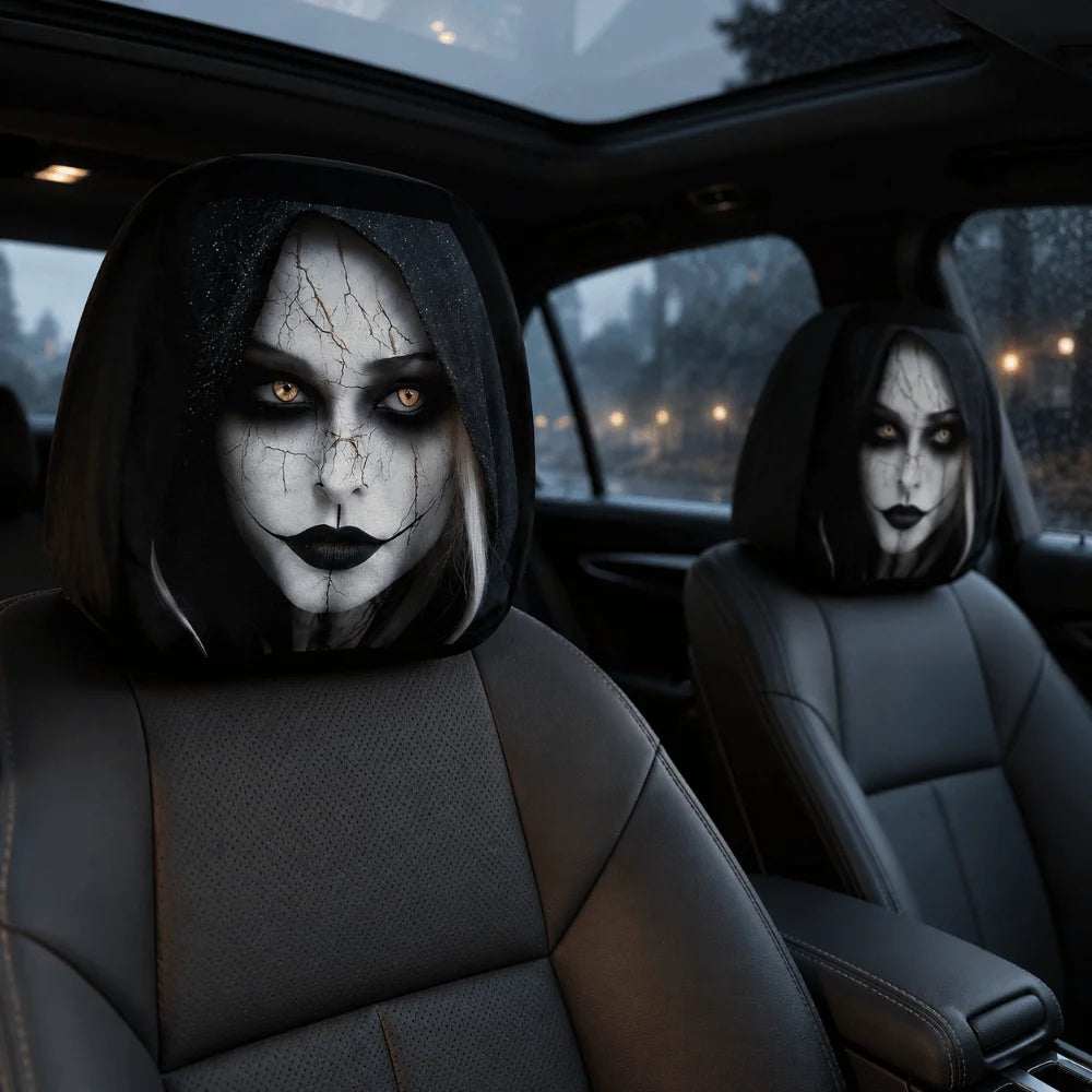 2 Pcs 2D Stretch car headrest covers in black, featuring spooky white cracked-face designs with dark hooded hair
