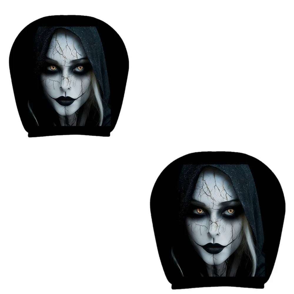 2 Pcs 2D Stretch black headrest covers with white cracked-face Halloween ghost portrait prints and dark hoods