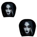2 Pcs 2D Stretch black headrest covers with white cracked-face Halloween ghost portrait prints and dark hoods