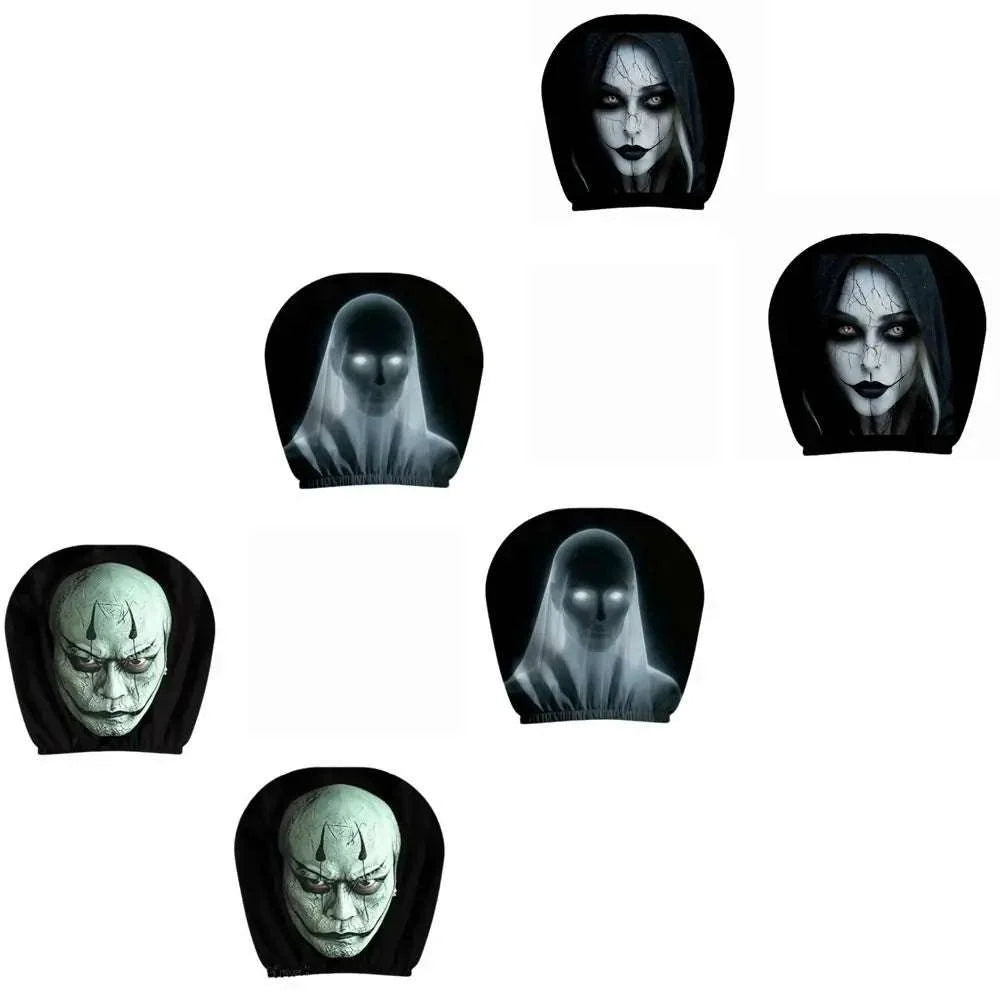 2 Pcs 2D Stretch black polyester car headrest covers featuring printed ghostly faces and hooded horror portraits