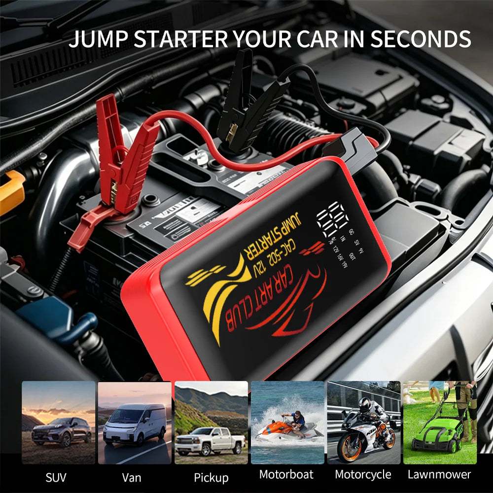 2026 New Smart Jump Starter with a black body, red trim, digital display and attached red and black battery clamps