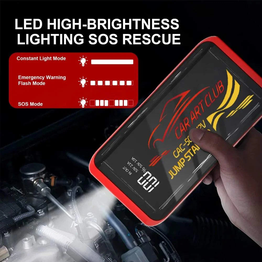 2026 New Smart Jump Starter, black and red portable car battery booster with digital display and LED SOS light modes