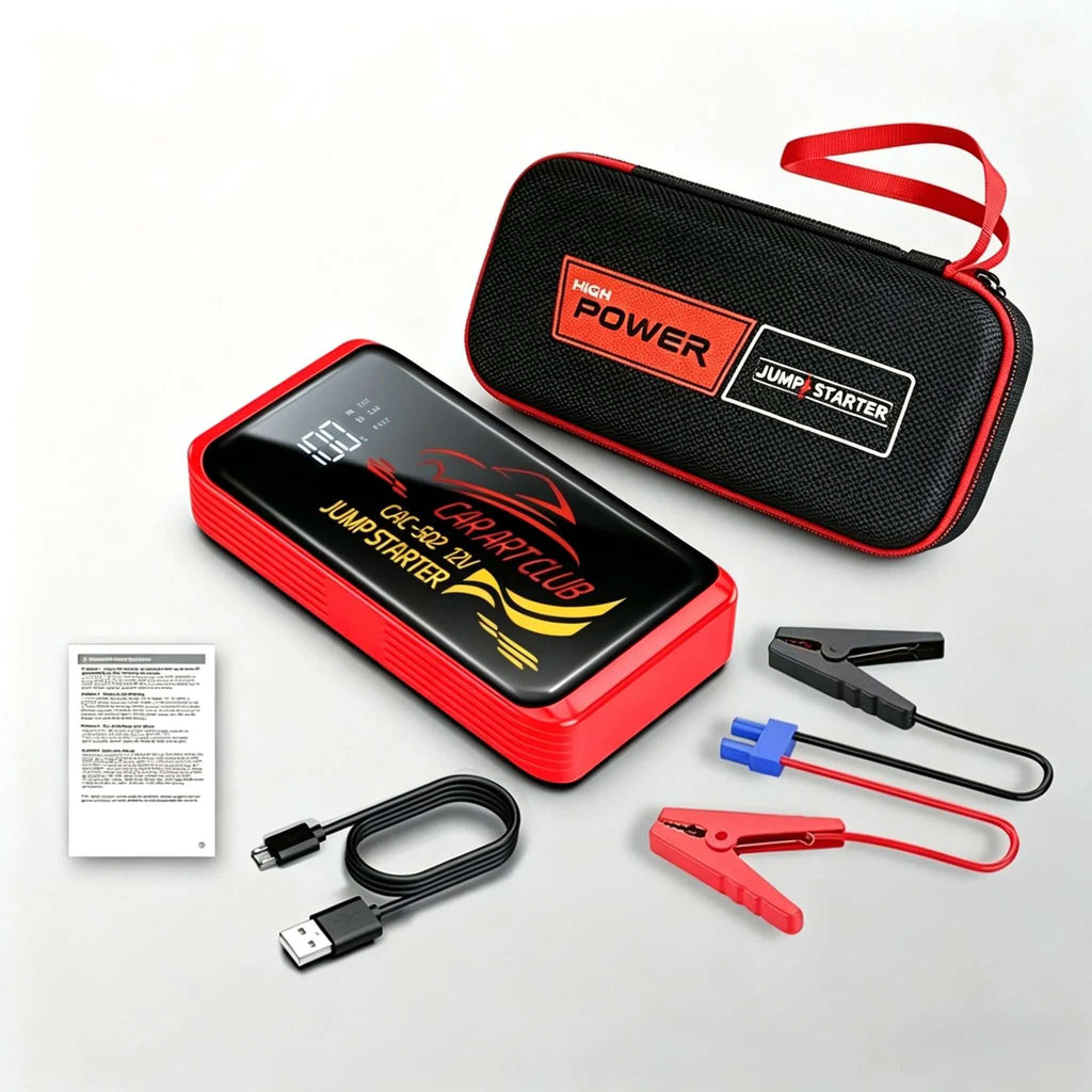 2026 New Smart Jump Starter in a red-and-black casing with digital display, zip case, charging cable, and jumper clamps