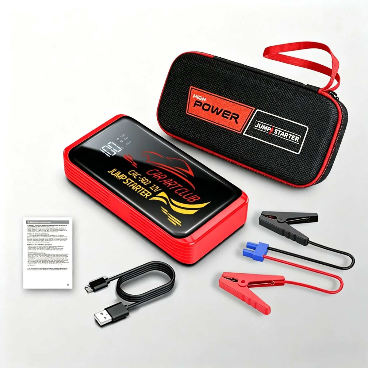 2026 New Smart Jump Starter in a red-and-black casing with digital display, zip case, charging cable, and jumper clamps