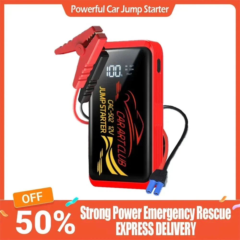 2026 New Smart Jump Starter with a red casing, black display, digital battery indicator, and attached red and blue clamps
