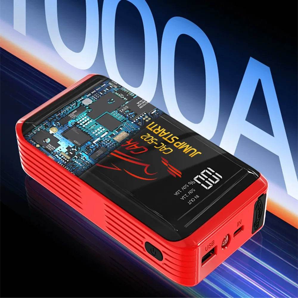 2026 New Smart Jump Starter with a red ribbed casing, black digital display, exposed circuit board and USB ports