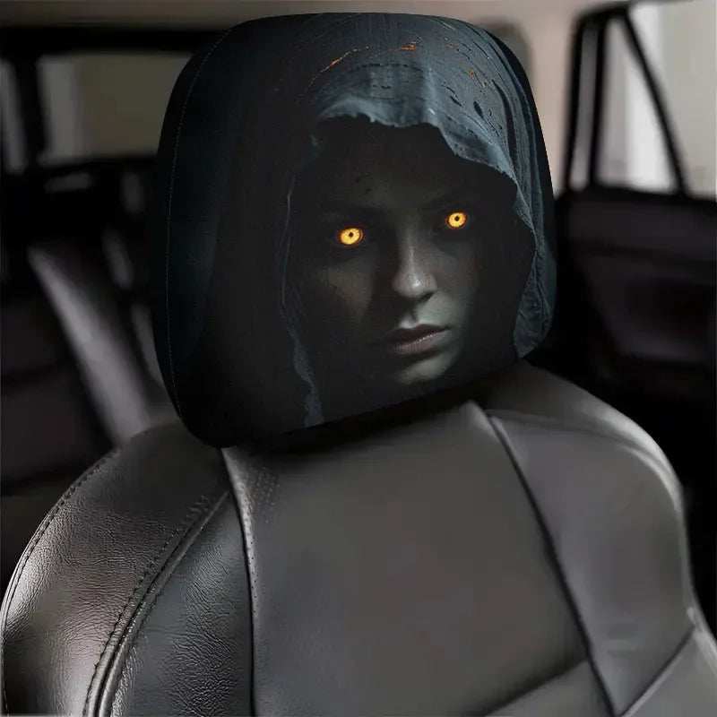 2Pcs Car Headrest Covers in black polyester with a printed hooded face design and glowing yellow eyes