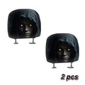 2Pcs Car Headrest Covers with black hooded faces, glowing yellow eyes and dark horror-style printed design
