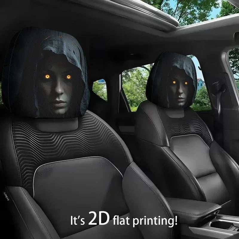 2Pcs Car Headrest Covers in black polyester with 2D printed hooded faces and glowing yellow eyes