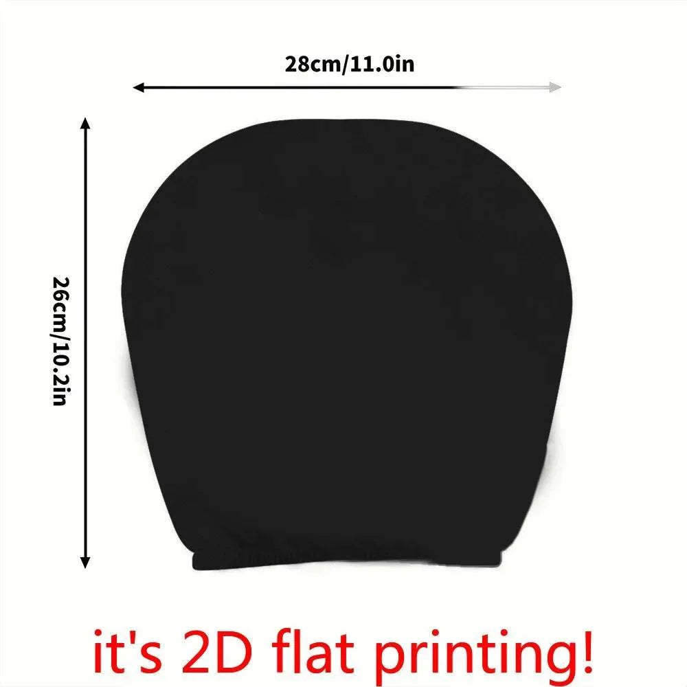 2Pcs Car Headrest Covers, black fabric covers with a smooth rounded shape and 2D flat printed design