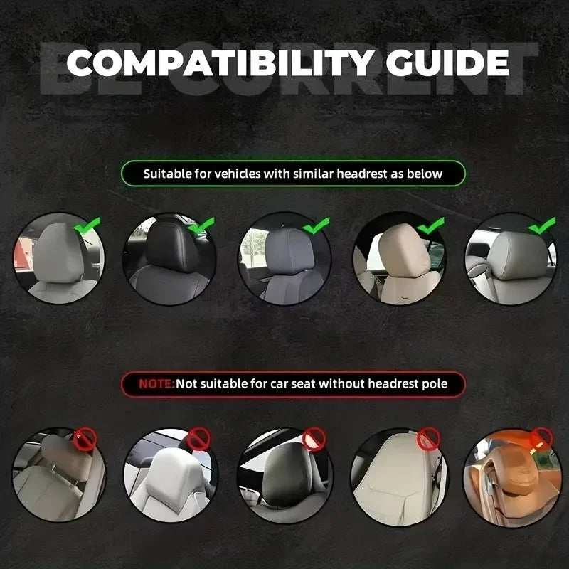 2Pcs Car Headrest Covers compatibility guide showing suitable gray, black, and beige headrests and unsuitable seat styles