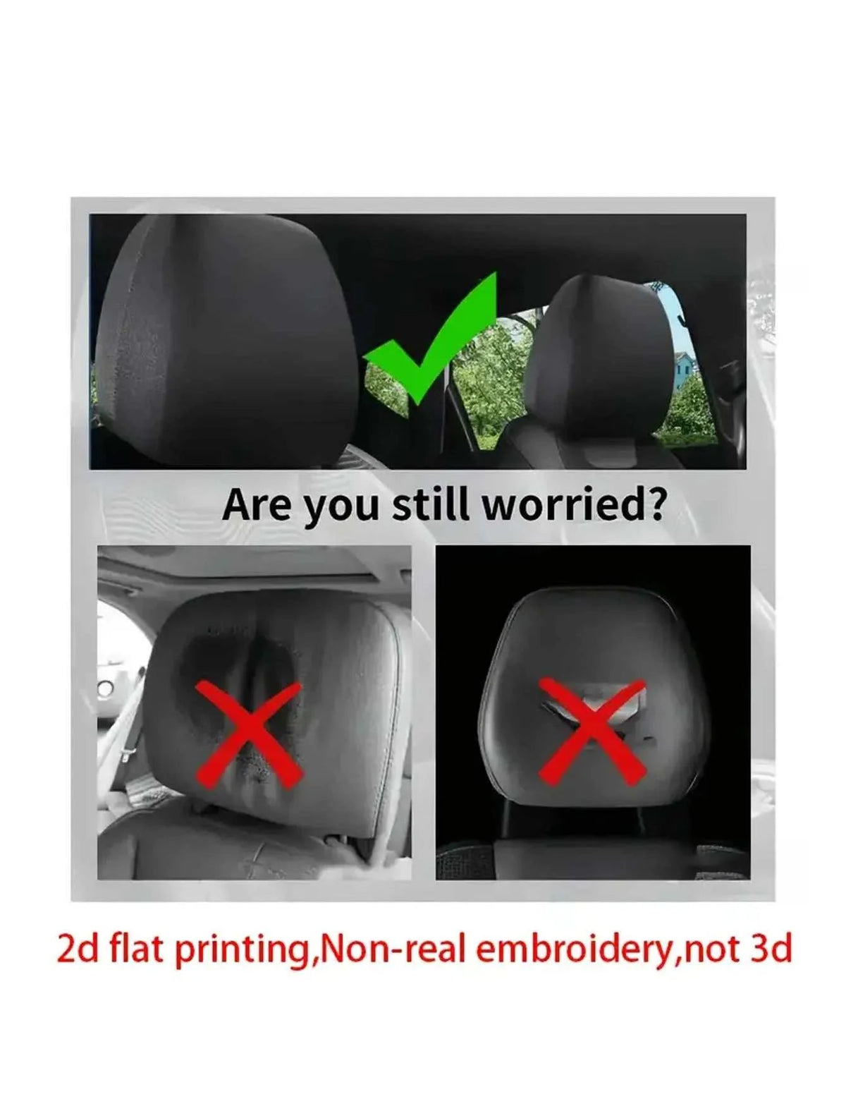 2pcs Christmas pattern car headcase shown as black car headrests with bright red X marks, highlighting non-3D flat printing