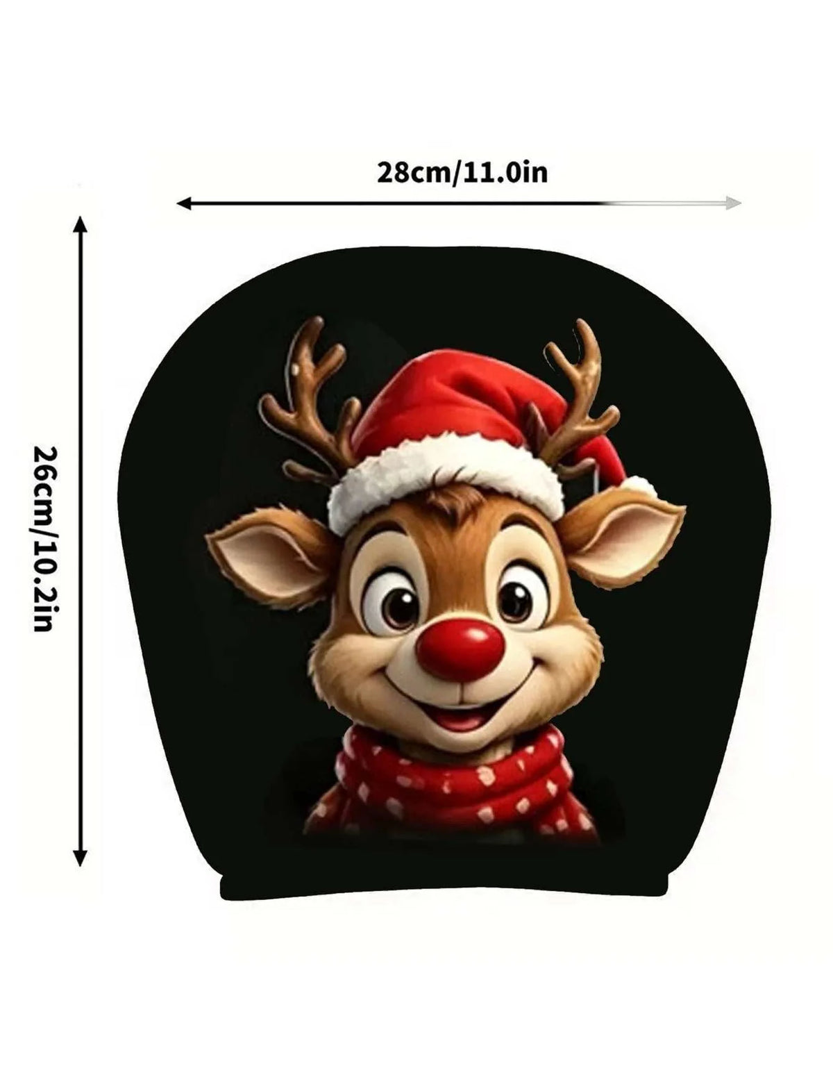 2pcs Christmas pattern car headcase in black polyester, featuring a cheerful reindeer in a Santa hat and red scarf