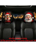 2pcs Christmas pattern car headcase with black fabric covers and colorful flat-printed Santa and reindeer faces