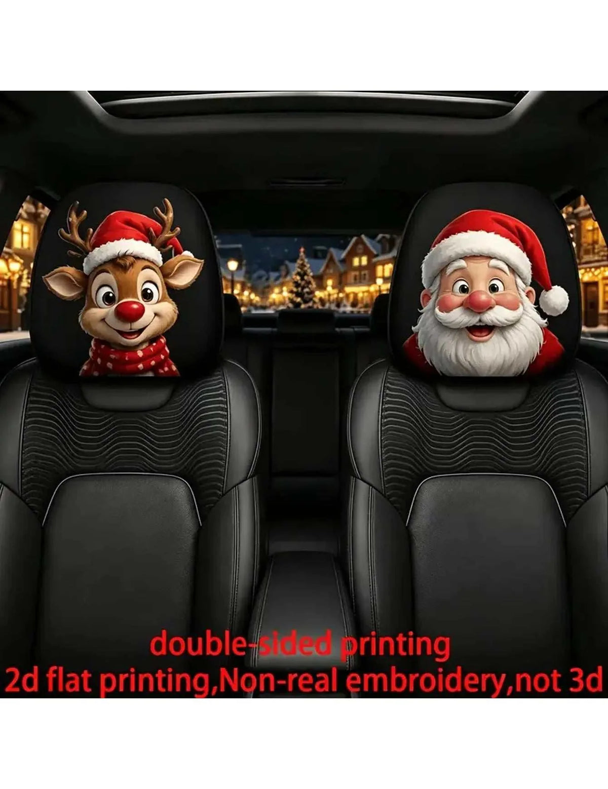 2pcs Christmas pattern car headcase with black fabric covers and colorful flat-printed Santa and reindeer faces