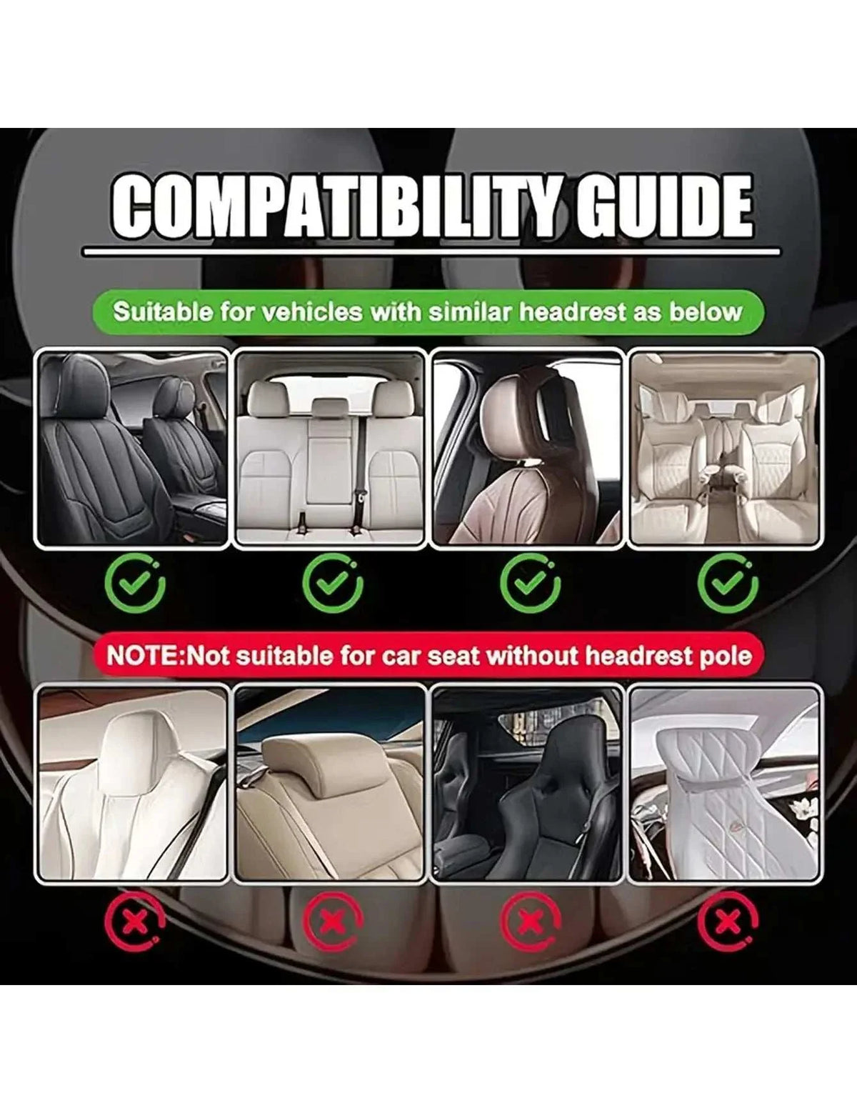 2pcs Christmas pattern car headcase shown with a compatibility guide for headrest styles, including suitable seats and exclusions