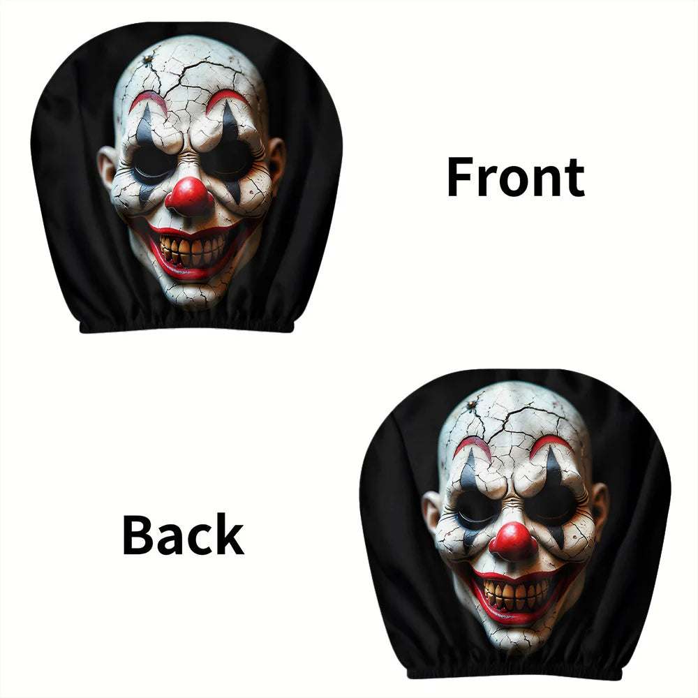 2pcs Clown Print Car headrest cover with black polyester fabric and a cracked white clown face graphic with red accents