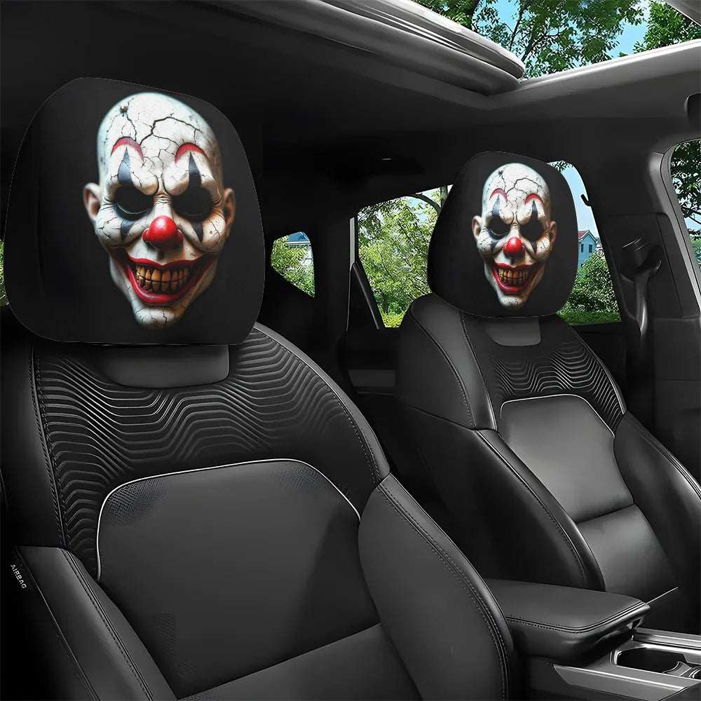 2pcs Clown Print Car headrest covers in black polyester with a large white, red and black sinister clown face print