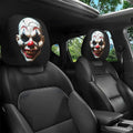 2pcs Clown Print Car headrest covers in black polyester with a large white, red and black sinister clown face print