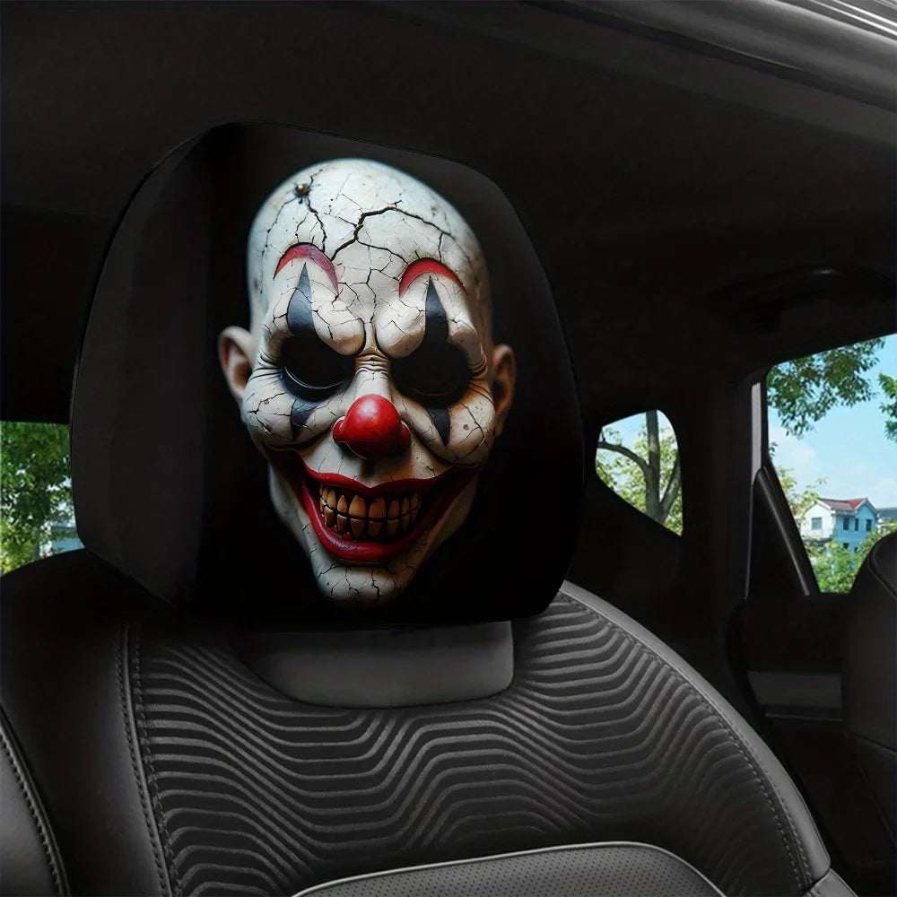 2pcs Clown Print Car headrest cover with a cracked white clown face, red nose, dark eye makeup and grin